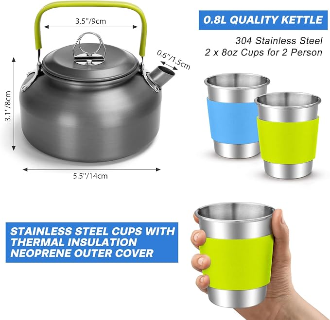 Odoland 15pcs Camping Cookware Mess Kit, 1.9L Pot, for Camping, Backpacking | Anodized aluminum, for hiking, outdoor cooking and picnic, 1.9L pot 0.8L kettle 0.86L pan mess kit, little compact pot set