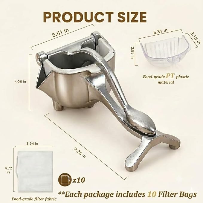 Fruit Juice Squeezer Manual Juicer, Aluminum Hand Juicer Juice Press with 10Pcs Metal Filter filter bag,Juice Squeezer Handheld Manual Juicer Hand Press with Ergonomic Grip for Lemon, Orange & Citrus