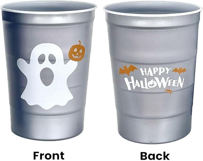 Steel Chill Cups 16 oz. Reusable Party Cups, Happy Halloween, 12 Count | Made in USA from Steel these durable cups chill fast & keep your drink cold for longer, 100% recyclable for sustainablity