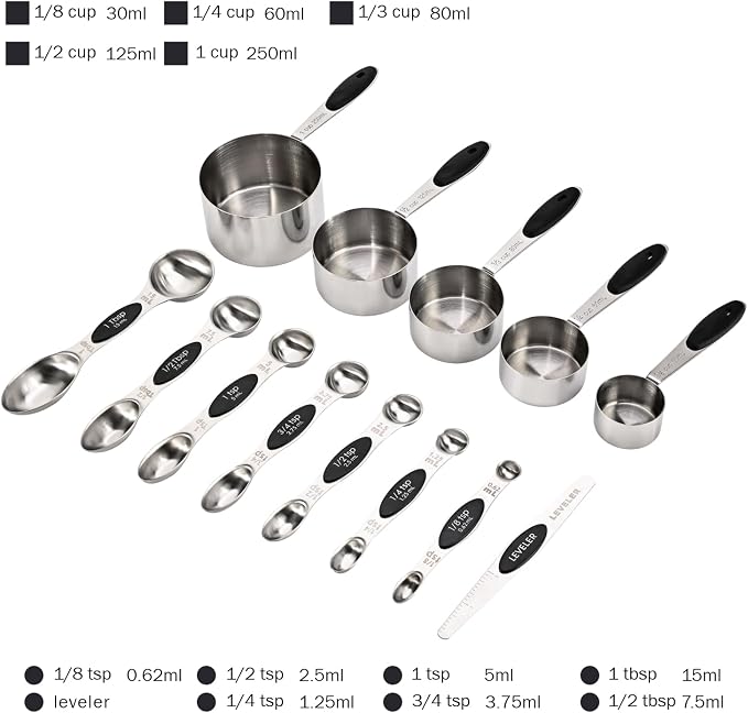 XSNBRD Magnetic Measuring Cups and Spoons Set, 13-Piece | Stainless steel with silicone handles. Magnetic nesting for compact storage. Ideal for baking and cooking.（Black）
