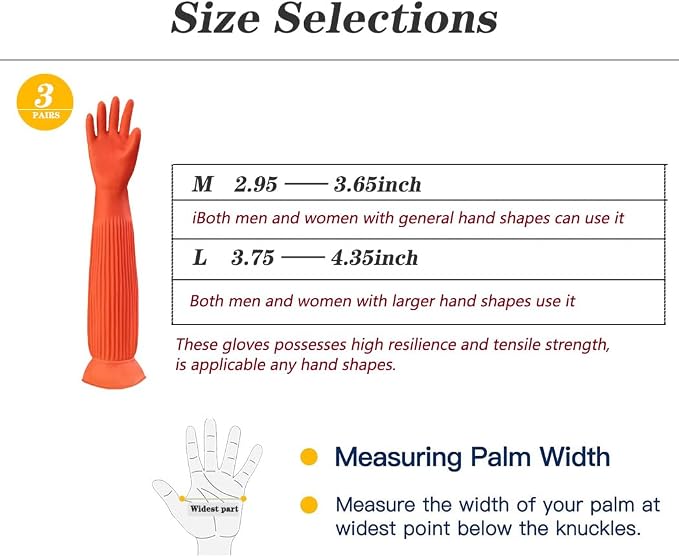 3 Pairs Household Extra Long Kitchen Gloves for Washing Dishes，20.05inches Rubber Cleaning Gloves，Reusable Latex Living Wash Gloves，Long Sleeves(Medium, Red)