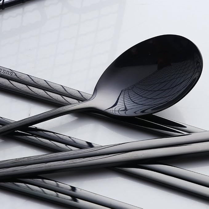 Buyer Star 4 Set Spoon Chopsticks, Black Reusable Metal Stainless Steel Korean Chopstix Spoon Set