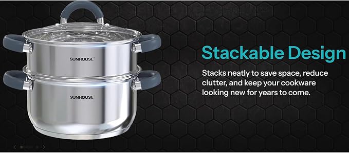 Sunhouse: 3 Quart Stainless Steel Steamer Pot - 2-Tier Cookware, Tempered Glass Lid, Stay-Cool Silicone Handles, 3-Ply Bottom, Dishwasher & Oven Safe | Steaming Pot with Glass Lid & Steamer Basket - 2 Tier Tri-ply Stovetop Steamer For Vegetable, Veggie...
