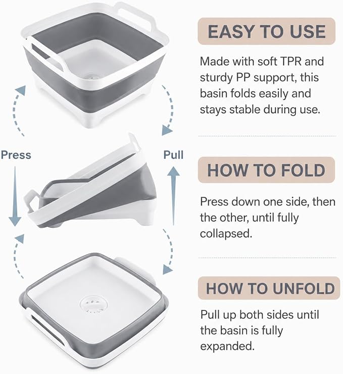 2.4 Gal(9L) Collapsible Dish Basin with Drain Plug, Space Saving Outdoor Multiuse Foldable Sink Tub, Dishpan, Kitchen Storage Tray for Camping, Vegetable Washing, RV (Gray)