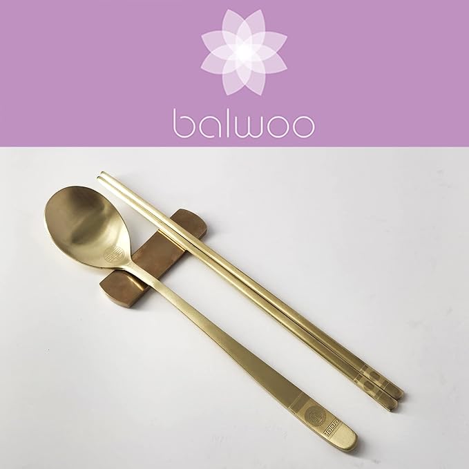[5 Sets] [Made in Korea] Korean Sticky Rice Spoon Chopsticks Set Gold Titanium Plating 304 Stainless Steel Tableware Cutlery Set Mukbang Chopsticks (Korean Palace Pattern TITANIUM, 5 Sets)