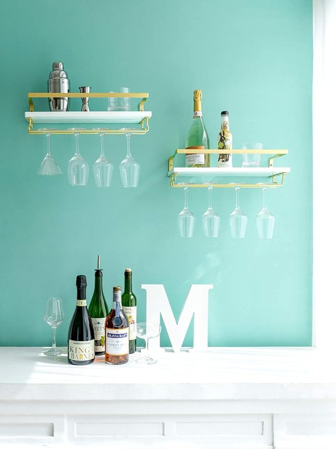 Mkono Wall Mounted Wine Rack Glass Holder, 2 Pack Rustic Shelves, 17 Inch | Space Saving, Stem Hanger, Floating Design, Store Wine Bottles, Easy Assembly, Multi-Function, Kitchen Dining Bar, Great Gift