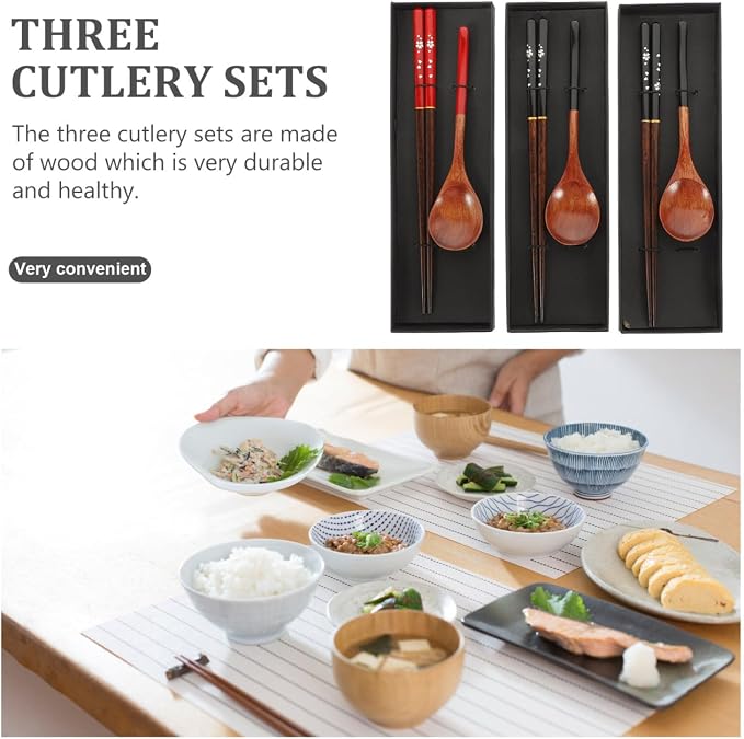 Japanese Spoon and Chopsticks Set 3 Pairs Reusable Travel Utensils Wooden Dining Tableware for Picnic School Office Home 9.84 in