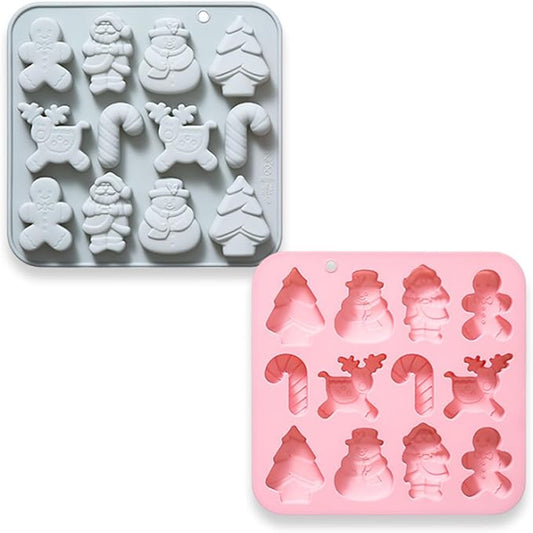 Christmas Silicone Chocolate Molds, 2Pcs Baking Molds Santa Claus Snowman Gingerbread Man Tree Walking Stick Elk 6 Shapes for Jelly Candy Ice Cube Fudge Resin