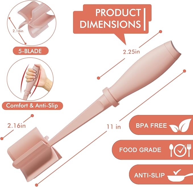 2Pack Meat Chopper Hamburger Masher Ground Beef Smasher Utensil Mix Tool | Upgrade Heat Resistant Meat Masher, Nylon Potato Mashers Beef Smasher, Dishwasher Safe Non Stick Mix & Chop Tool Gift-Pink