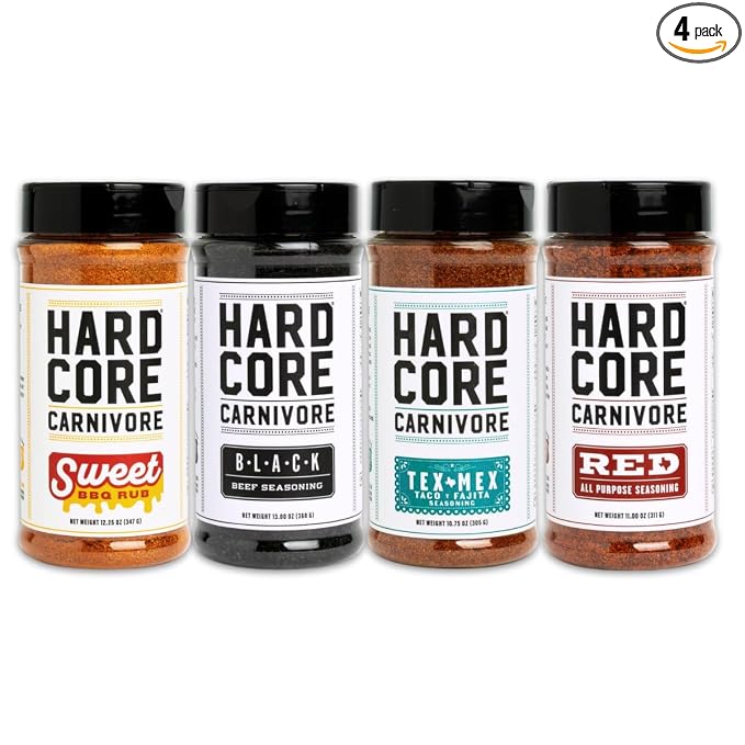 Hardcore Carnivore Core Pack, BBQ Rub Seasonings, Set of 4 | Includes Black, Red, Tex Mex and Sweet BBQ rubs. Four signature Texas flavors, gluten free with no MSG or artificial colors.