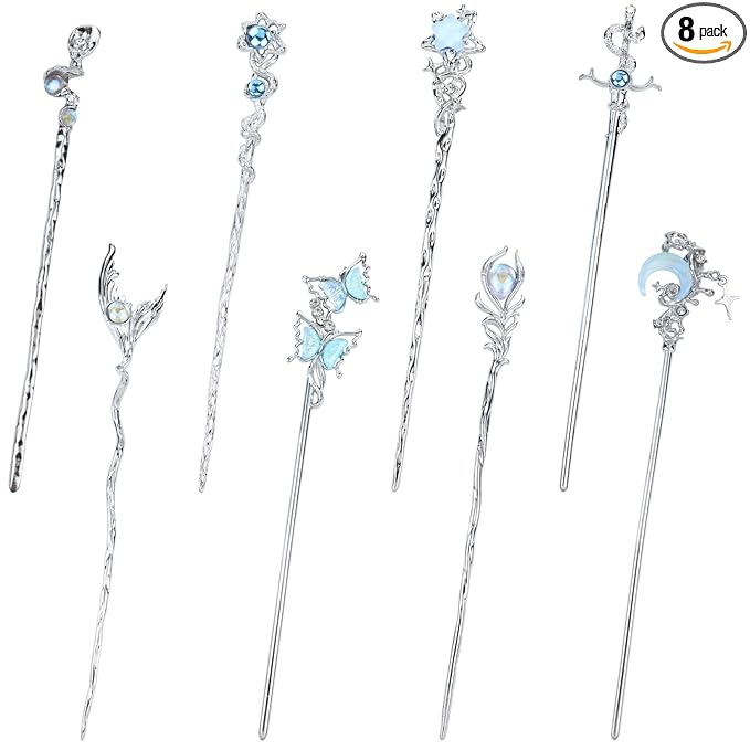inSowni 8 Pieces Retro Vintage Asian Chinese Traditional Hanfu Fishtail Star Moon Butterfly Silver Metal Hair Sticks Long Hair Chopsticks Forks Bun Updo Holders Hairpins for Women Girls