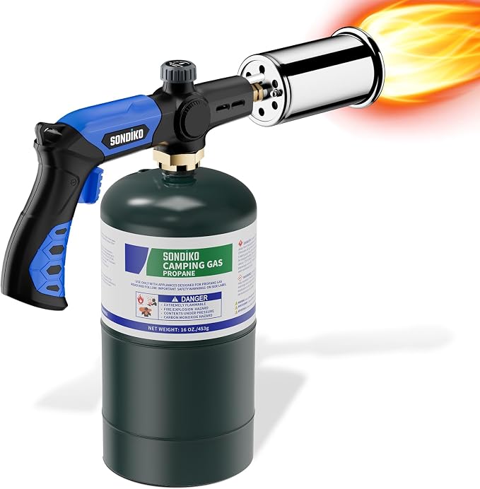 Sondiko Powerful Grill & Cooking Propane Torch L8010, Blue & Black | Sous Vide, Campfire Starter, Adjustable Weed Torch Burner for Searing Steak, BBQ, Welding, Propane, Tank Not Included