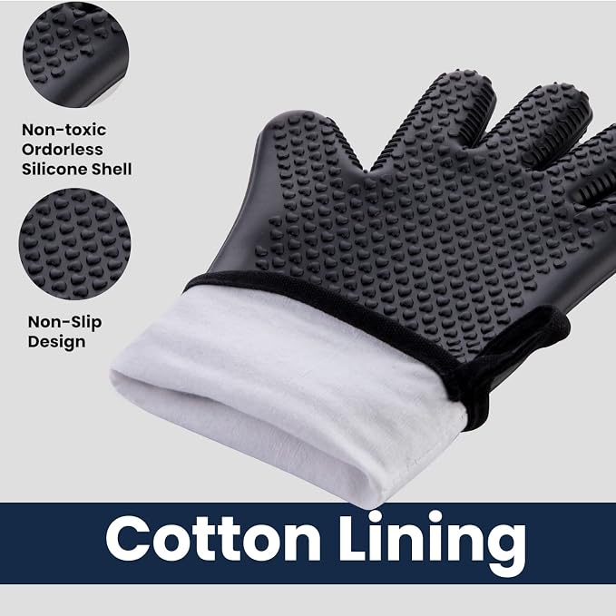 GEEKHOM BBQ Gloves X-Large, Heat Resistant Kitchen Silicone Oven Mitts, Waterproof Oven Gloves, BBQ Grill Accessories for Baking, Fryer, Smoker, Weber, Pizza, Microwave, Non-Slip, Black