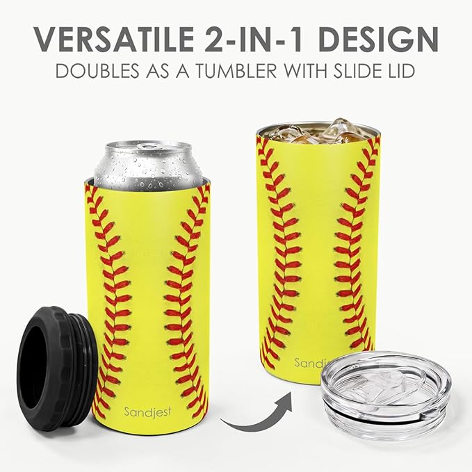 Softball Can Cooler 12oz - Travel Mug Cups - Stainless Steel Insulated for Men Women Players - Tumbler Cans Koozie, Sport Gift for Fan Coach Lovers