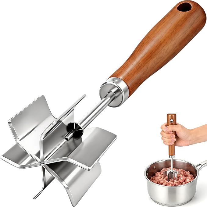Stainless Steel Meat Masher: Ground Beef Chopper Hamburger Smasher Tool | Heat Resistant Up To 1500℉,6 Curve Blades,Hangable Wooden Handle,Efficient Chop and Stir Kitchen Gadgets