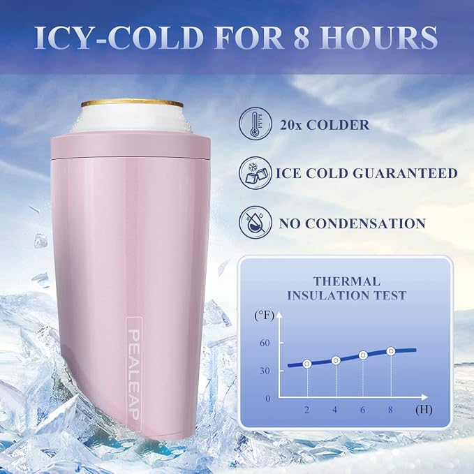 Pealeap 4-in-1 Insulated Slim Can Cooler for All 12oz Cans & Beer Bottles | Double-walled Stainless Steel Vacuum Can Cozy | Keep 8Hrs Cold | Universal Fits 12oz Drinks | No Sweat | Cup Holder Friendly