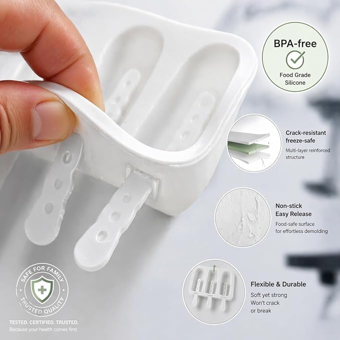 3 Pack Popsicle Mold, Silicone Cakesicle Molds, with Sticks & Bags, White | Comes with 9 Reusable Sticks & 100 Packaging Bags, Perfect for DIY Homemade Frozen Desserts & Cake Pops