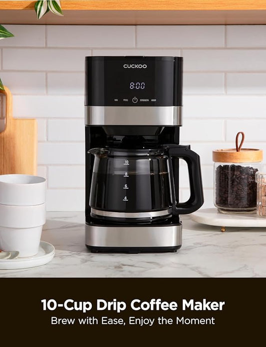 CUCKOO Classic 10-Cup Drip Coffee Maker, Easy To Use Coffee Machine with Programmable Timer, Includes Glass Coffee Pot with Two Brew Strength Settings and Reusable Mesh Filter (CCM-BD011B)