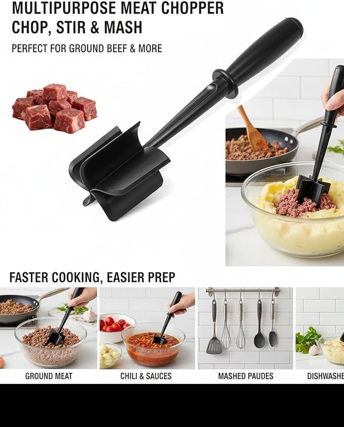Hamburger Chopper,Meat Chopper,Potato Masher, Premium Heat Resistant Meat Masher for Ground Beef, Ground Turkey and More, Safe For Non-Stick Cookware