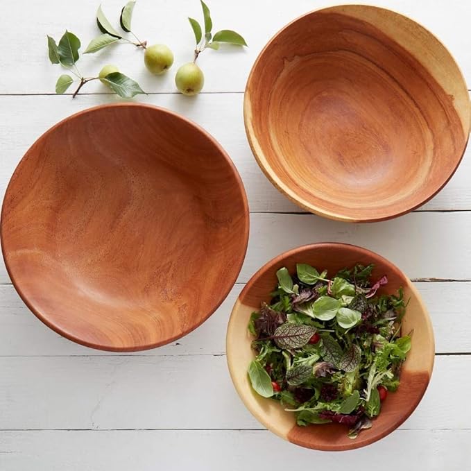 Dining & Entertaining, Wood Bowl, Serve Salad or Pasta, Countertop Fruit Bowl, Family Dinner, Party, Holidays, Thaksgiving, Handcarved, Rustic, Mahogany, Varies Beige to Brown, Extra Large 16" Wide