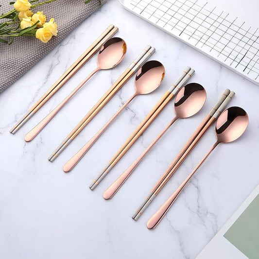 Buyer Star 4 Set Rose Gold Square Chopsticks and Spoons Set Metal Stainless Steel Spoons Chopsticks Set