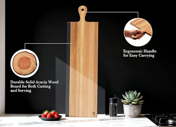 32" Acacia Charcuterie Board with Handle – Extra Long Serving Platter with Chalkboard Edge for Cheese, Meat & Appetizers – Large Wooden Kitchen Board for Parties, Gatherings & Home Decor