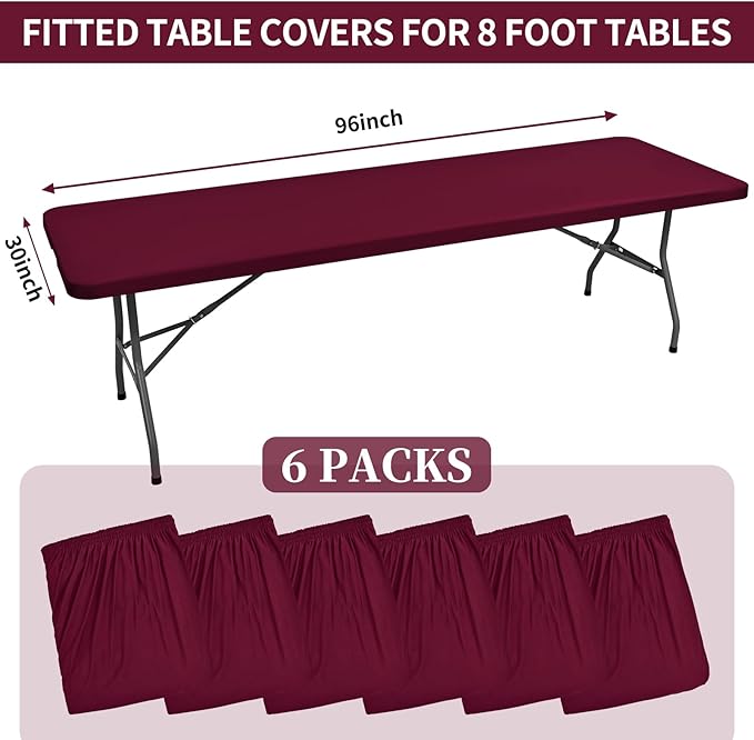 6 Pack Stretch Fabric Table Top Cap Cover, fits 8' Tables, Spandex Table Covers Washable Elastic Rectangle Tablecloth Protector for Indoor Outdoor Party Picnic Wedding, Wine Red, 30" W x 96" L