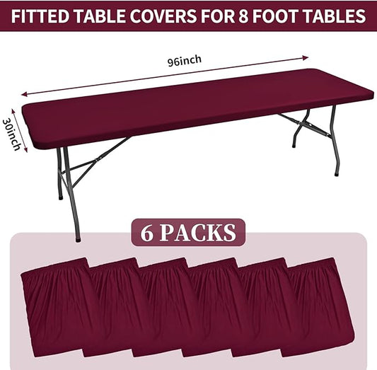 6 Pack Stretch Fabric Table Top Cap Cover, fits 8' Tables, Spandex Table Covers Washable Elastic Rectangle Tablecloth Protector for Indoor Outdoor Party Picnic Wedding, Wine Red, 30" W x 96" L