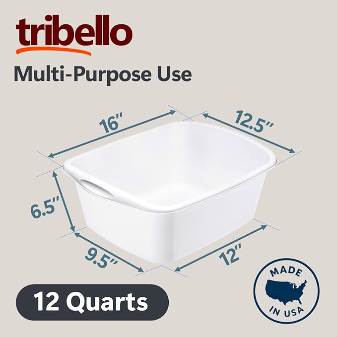 Tribello Plastic Wash Tub Dishpan Basin and Foot Bath for Soaking Feet, Laundry Hand Wash Bucket, Dish Pans for Washing and Storage Cleaning Supplies - 12 Quarts - Heavy Duty - Made in USA (White)