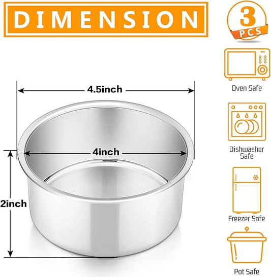 P&P CHEF 4 Inch Round Cake Pan Set of 3, Stainless Steel Round Baking Layer Pans Bakeware for Layer Birthday Cake, Fit Oven/Pots/Pressure Cooker, Leakproof & Dishwasher Safe, Silver