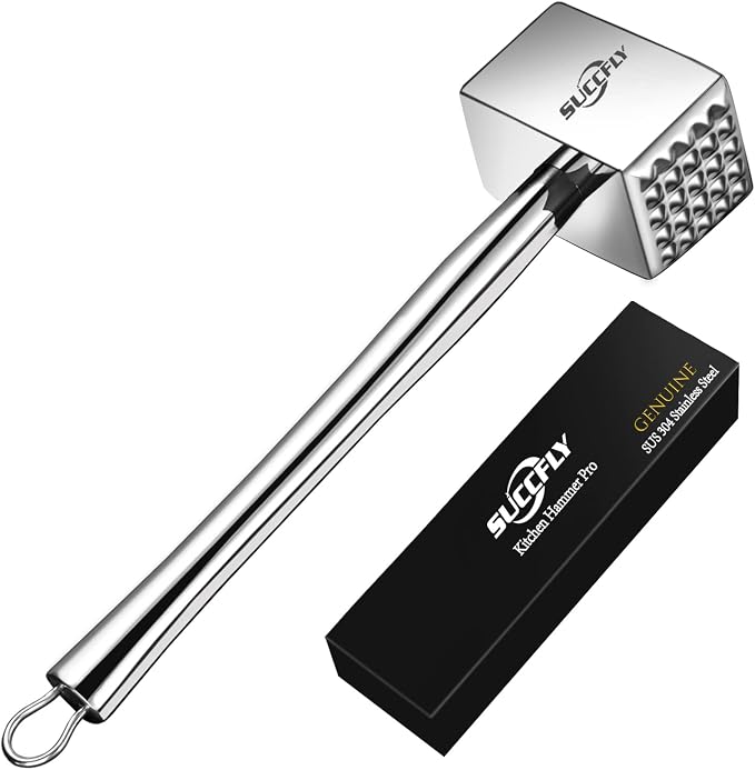 SUCCFLY Stainless Steel Meat Tenderizer Tool, Heavy Duty Meat Mallet 1.65LB | Dual-Sided Weighted Meat Pounder Hammer with Extended handle, Effortless Tenderizing Chicken Steak Poultry, Dishwasher Safe