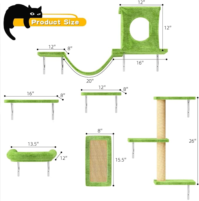 NUNU LAB Wall Mounted Cat Climber Set, 6 Pcs Cat Furniture Set with House, Bridge, Steps, Scratcher Board and Hammock, Shelves for Indoor, Luxury Walls Furniture, Light Green