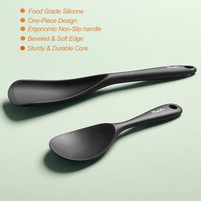 Cooking Spoon and Rice Scooper Set for Nonstick Cookwares, Heat Resistant- Seamless Design, Great for Cooking, Serving, Mixing, Scoop, and Scrape,2 Pack, Black