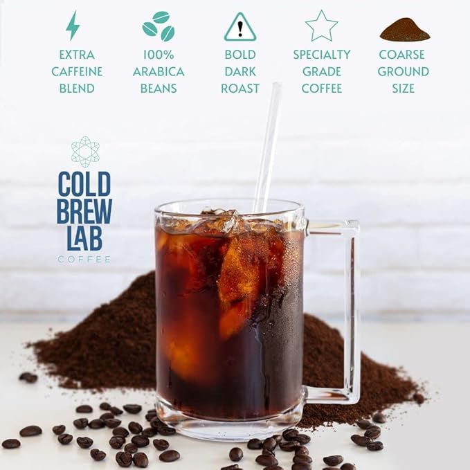 Cold Brew Coarse Ground Coffee, High Caffeine Blend, Dark Roast, 2 LB, Extra Strong, Cold Brewing & French Press
