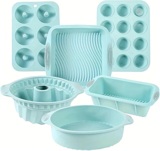 Nonstick Silicone Bakeware Set, 6 set Baking Cake Pan, Economical BPA Free Heat Resistant Bakeware Tools for DIY Loaf Bread Cheesecake Pizza Cupcake Muffin (Blue)