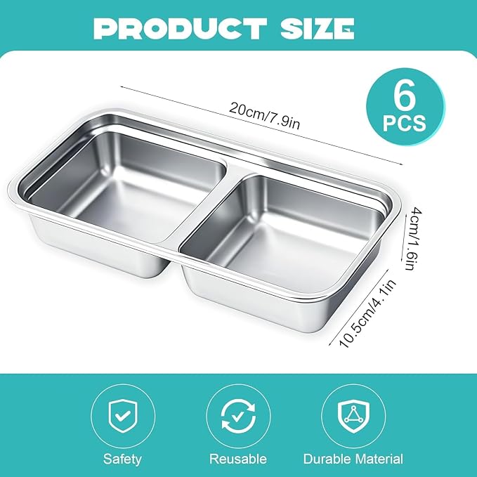 6Pcs 304 Stainless Steel Snack Containers, 2 Compartments Portable Food Storage Bento Boxes with Lids, Divided Meal Prep Lunch Box Food Container Dishwasher Safe