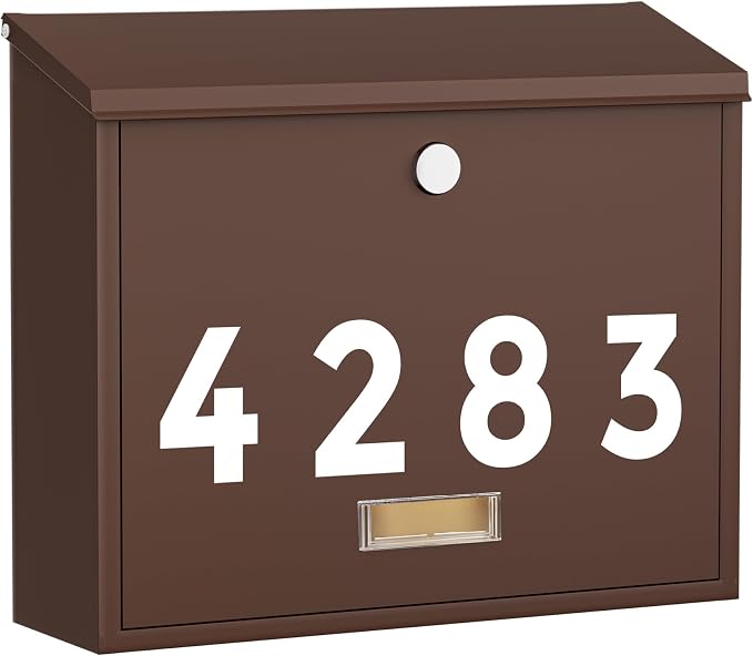 LAND·VOI Locking Wall-Mount Mailbox for Outside, with 4 Keys, Galvanized Steel Rustproof Metal Postbox, 4" Dx13.8 Wx11.2 H, Includes 3 Sets of Mailbox Numbers, Nameplate, Bronze