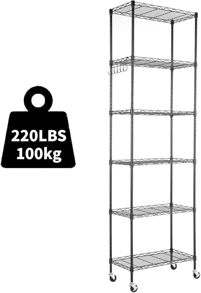 Himimi 6-Tier Storage Shelf Units, Adjustable Wire Shelving with Wheels, Metal Shelves with Stainless Side Hooks, Free Standing Shelving for Laundry Bathroom Kitchen Pantry Closet, Black