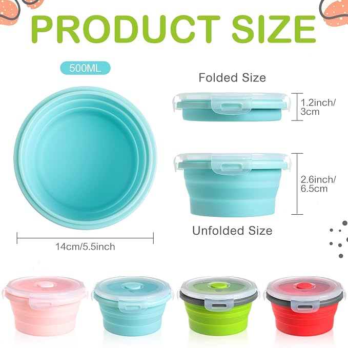 4 Pcs Collapsible Bowls with Lids Silicone Camping Food Storage Container Expandable Folding Salad Lunch Box Travel Container for Hiking Camping