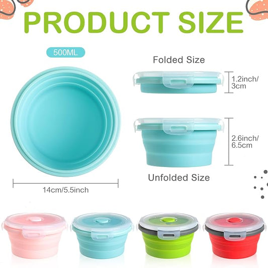 4 Pcs Collapsible Bowls with Lids Silicone Camping Food Storage Container Expandable Folding Salad Lunch Box Travel Container for Hiking Camping