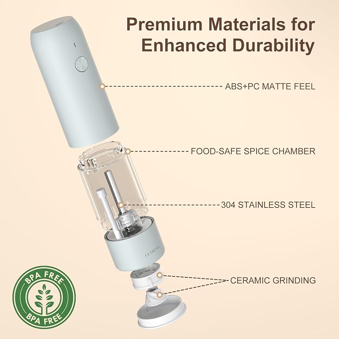 Ultrean Pepper Grinder, Rechargeable Salt and Pepper Grinder with 6 Adjustable Coarseness, LED Light, One-Hand Automatic Operation, Gifts for Women, Blue