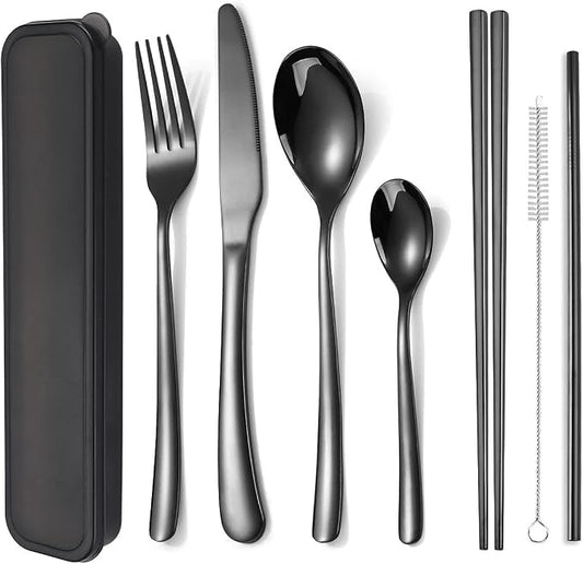 AARAINBOW 6 Pieces Stainless Steel Flatware Set Portable Reusable Cutlery Set Travel Utensils Set Including Chopsticks Knife Fork Spoon Straws Cleaning Brush Dishwasher Safe (7 Black)