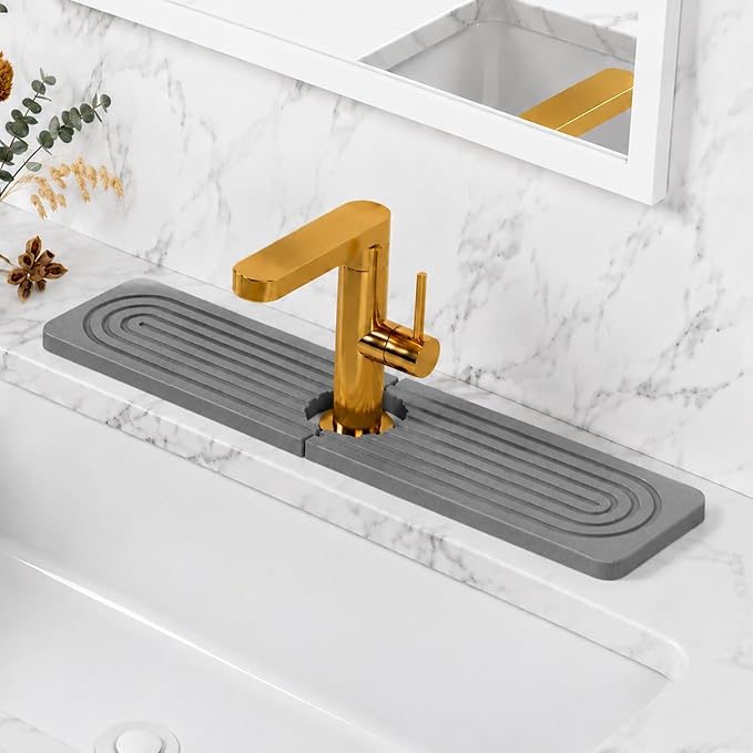 Stone Faucet Mat for Kitchen Sink, Super Absorbing, Dark Gray,15.6"x3.9" | Diatomite, Fast-Drying, Eco-Friendly, Faucet Splash Guard for Bathroom or Kitchen Counter