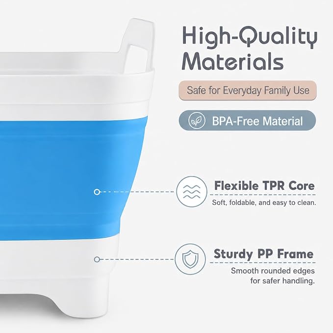 2.4 Gal(9L) Collapsible Dish Basin with Drain Plug, Space Saving Outdoor Multiuse Foldable Sink Tub, Dishpan, Kitchen Storage Tray for Camping, Vegetable Washing, RV (Blue)