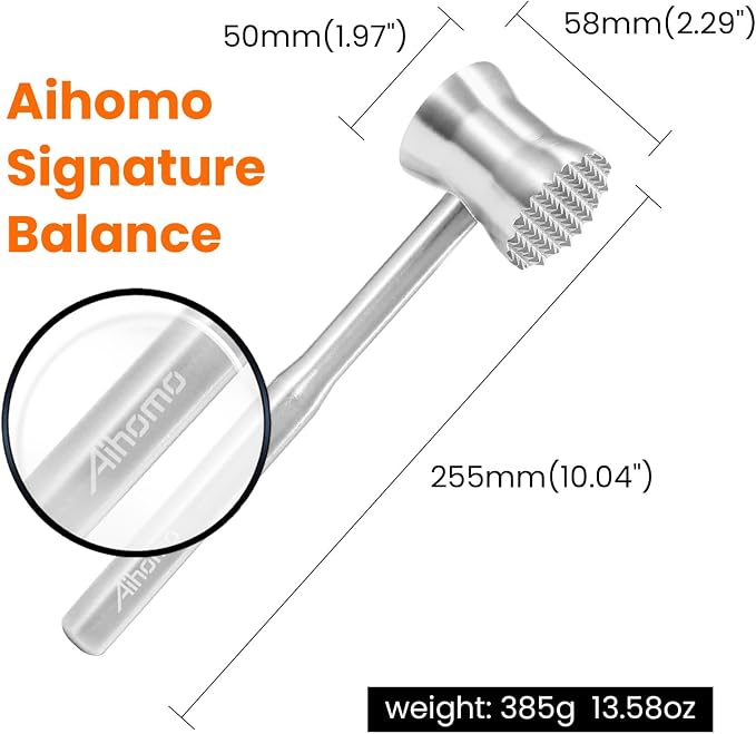 304 Stainless Steel Meat Tenderizer Mallet, Meat Hammer & Chicken Pounder | Well-balanced one-piece design with contoured waist for control, Dual-sided faces, Dishwasher safe, Storage bag, Gift box
