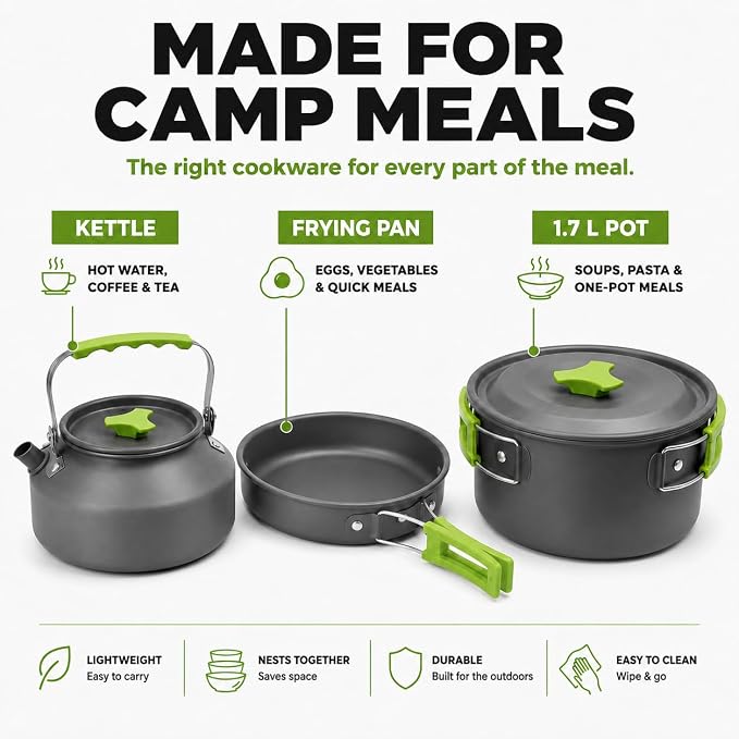 MalloMe Camping Cookware Mess Kit for Backpacking Gear – Camping Cooking Set - Camping Pots and Pans Set - Backpacking Stove/Portable Stove Compatible - Camp Kitchen Equipment Accessories Pot