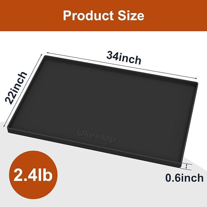 ukeetap 34" x 22" Extra Thick Silicone Mat Waterproof with Raised Edge, Under Sink Mat for Kitchen & Bathroom, Kitchen Cabinet Liner, Multi-Purpose for Storage & Protection, Black