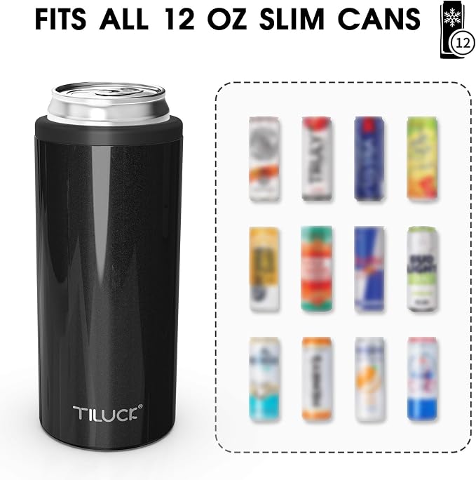 TILUCK Skinny Can Cooler, Stainless Steel Insulated Slim Cans, 12 oz | Beer & Hard Seltzer, Doucle-Walled Stainless Steel Insulated Slim Cans, Slim 12 oz(Glitter Black)