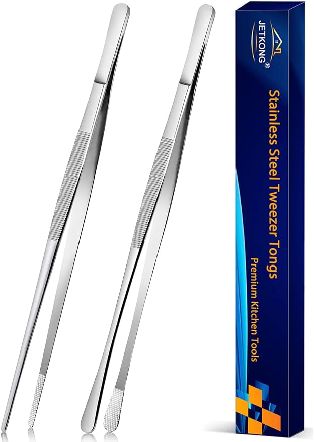 JETKONG 2 Pcs 12-Inch Cooking Tweezers Stainless Steel, Straight Food Tweezers, Professional Kitchen Tweezer/Forceps for Cooking Repairing and BBQ (12-Inch, Silver)