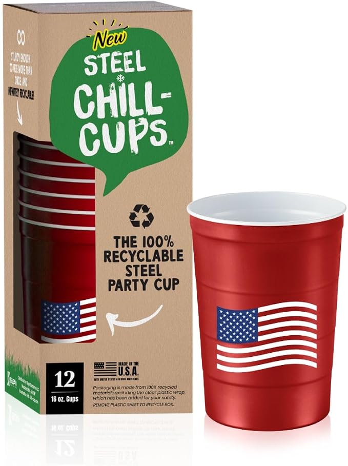 Steel Chill Cups 16 oz. Reusable Party Cups, Patriotic Red, 12 Count | Made in USA from Steel these durable cups chill fast & keep your drink cold for longer, 100% recyclable for sustainablity
